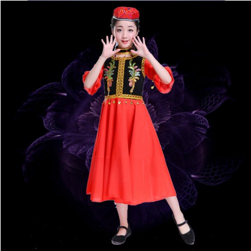Girls kids children chinese folk dance costumes xinjiang uyghur minority  drama cosplay dress costumes 